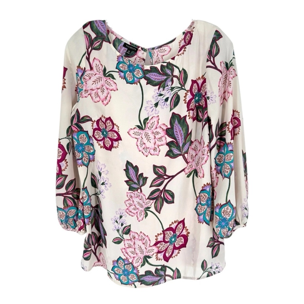 Talbots Blouse Womens Size Medium Ivory Bold Floral 3/4 Sleeve Flowy Crepe